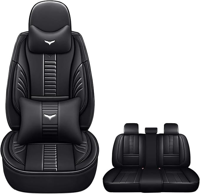 Pengchen Full Set of Universal Fit Automotive Seat Covers fit for Honda Crosstour 2012-2015, PU Leather Automobile Interior Sets with Headrest & Back Pillow Black & Black Line