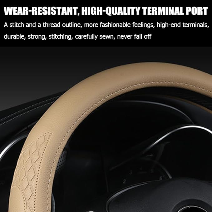 AUCELI Car Steering Wheel Cover, 14 1/2-15 inch Non-Slip Soft Breathable Leather Automotive Steering Wheel Protecteor, Vehicle Accessories for Men Women, Universal for SUV, Truck, RV（Beige）