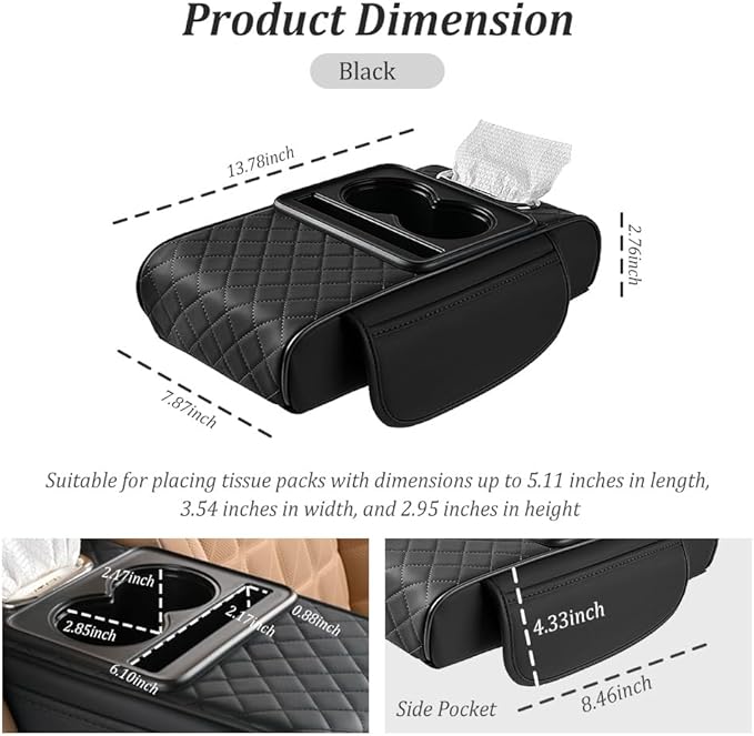 5-in-1 Car Center Console Cover,Multifunctional Arm Rest Cover for Car with Cup Holder,Phone Holder,Pocket,Car Tissue Holder,Leather Height Enhancement Car Armrest Cushion for Most Cars (Black)