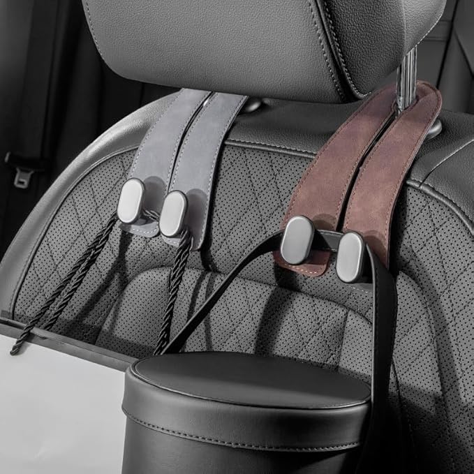 FEELIORX 2PCS Car hooks for headrests, Multifunctional luxury leather and magnesium alloy car seat backrests hooks and storage functions, (BLACK)