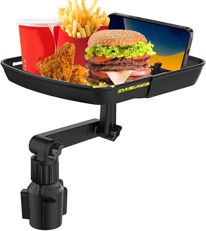 Larger Cup Holder Tray, 10 inch Car Food Tray for Eating, Detachable 3 in 1 Car Cup Holder Expander and 360° Rotating Car Cup Holder Tray Table with Phone Holder, Road Trip Essentials