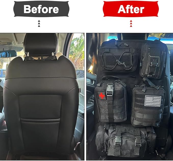BEATUNEE Universal Tactical Front Seat Back Organizer with 5 detachable Molle Storage Bag/Hanger Bag,Applicable to all vehicle (Black)