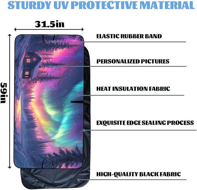 Northern Lights Car Window Sun Shield Snowy Forest Old Hut Pine Trees Front Window Sun Shade Blocks UV Rays Sun Visor Protector for Car Sedan Truck SUV Accessories 59" L x 31.5" W