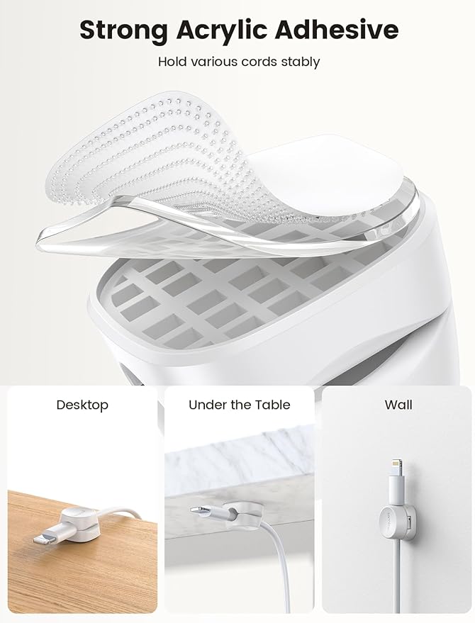 8Pack Cord Organizer [1s Lock] Spring Cable Management Clips - Lamicall Desk Organizer Cord Holder, Adhesive Cable Clips, Phone Charger Wire Keeper for Nightstand Car Office Supply Accessories, White