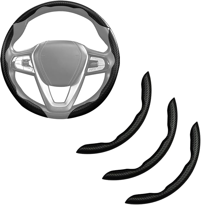 Carbon Fiber Steering Wheel Cover 3pcs Anti-Slip Car Steering Wheel Accessories Snap on Grip 15 inch Universal Matte Black