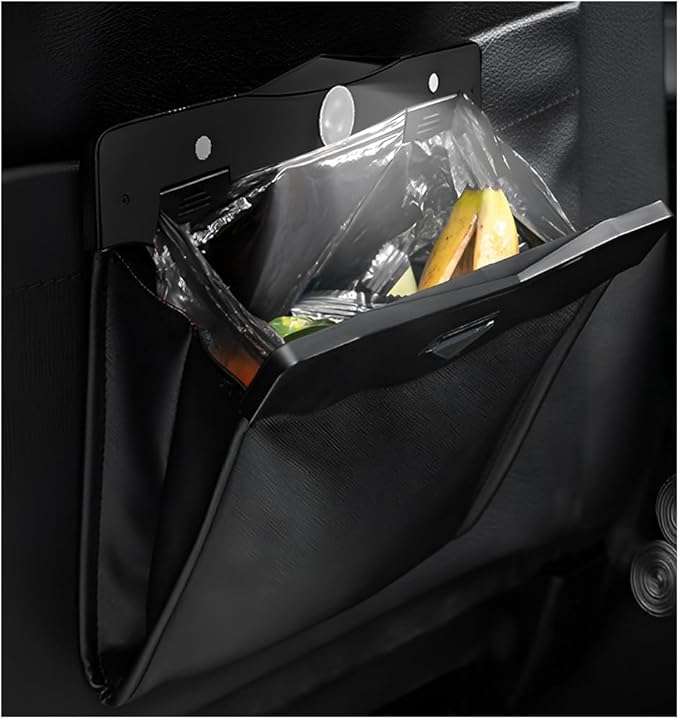 Hanging Car Trash Bag, Foldable Magnetic Garbage Can with Smart LED for Front Back Seat, Multi-Functional Waterproof Leather Rubbish Bag Storage Pocket, Car Accessories (Black)