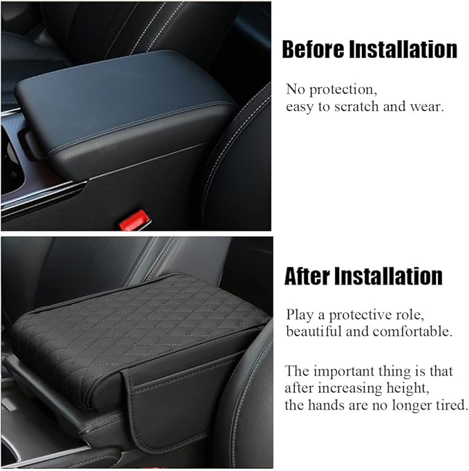 Car Center Console Armrest Cover, Leather Car Center Console Cover Cushion with 2 Storage Bags, Universal Center Console Pad Thickened Memory Foam Car Armrest Lids Storage Box (Black)