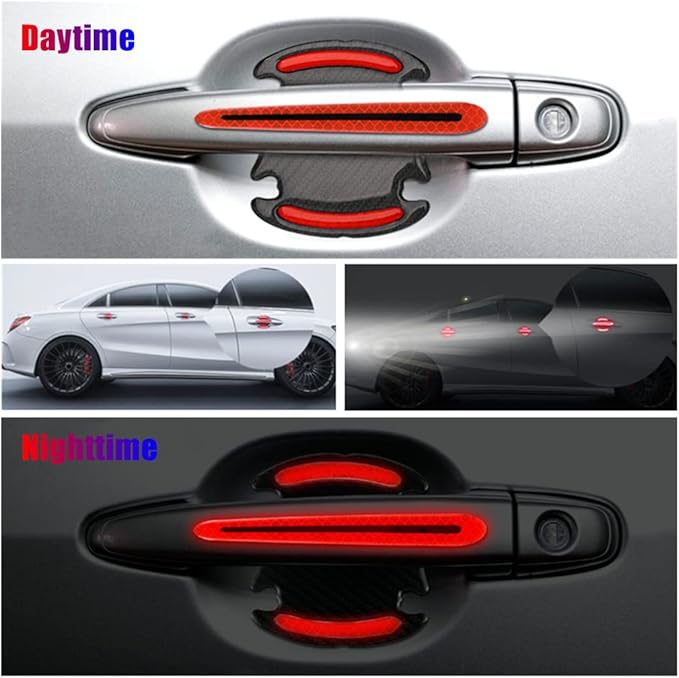 8pcs Universal Carbon Fiber Texture Car Door Handle Scratch Protector Cover - Reflective Stickers (Red)