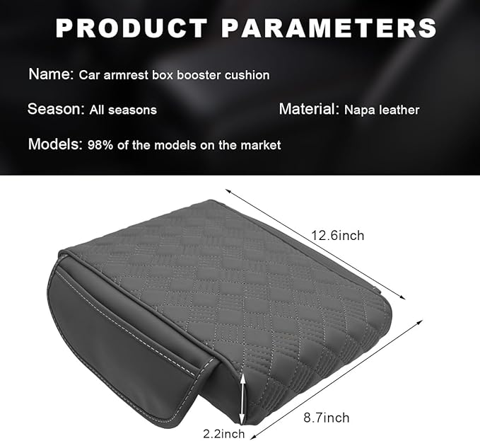 Car Center Console Cover, 12.6"×8.7" Waterproof Leather Auto Armrest Box Protector Elbow Pillow with Storage Pocket, Comfortable Memory Foam Arm Rest Box Cushion Pad, Car Accessories (Gray)
