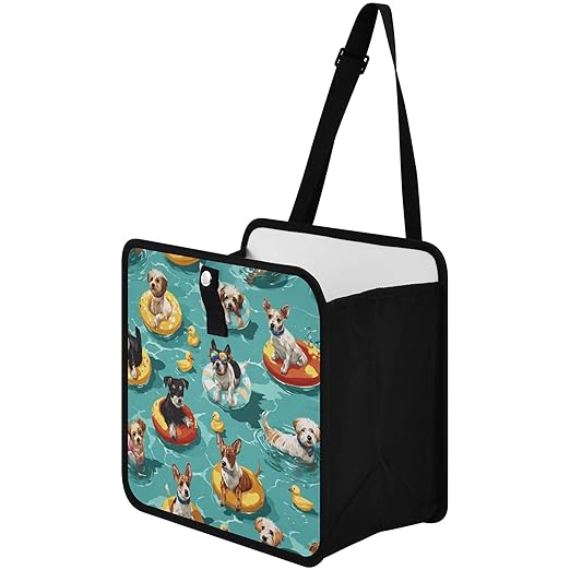 Car Trash Can Organizer Bin with Adjustable Strap for Back Front Seat Console Waterproof Leakproof Collapsible Portable 11 Inch Teal Swimming Pool Dogs and Ducks