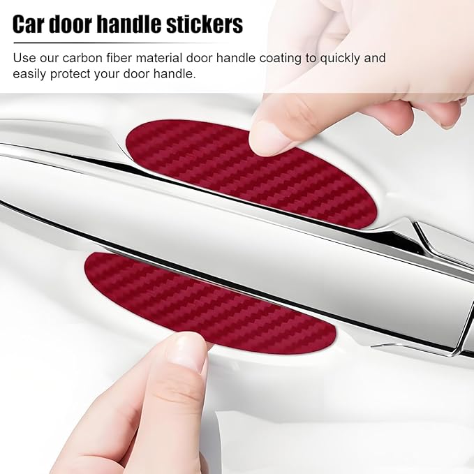 Car Door Handle Cup Scratch Protector, 4PCS 3D Carbon Fiber Vehicle Handle Bowl Sticker, Automotive Exterior Door Cup Protection Decal, Universal for SUV Caravan Automobile (Wine Red)