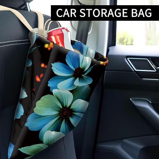 ABUIFDK Car Trash Can, Cute Car Trash Bag, Hanging Car Organizer and Storage Bag, Trash Bin for Car Accessories, Vehicle, Travelling, Camping Blue Beautiful Flowers