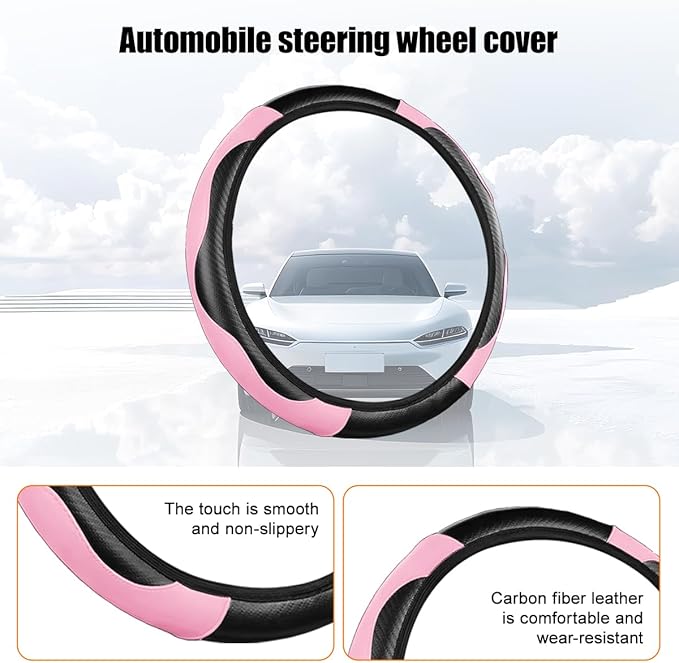 Carbon Fiber Car Steering Wheel Cover, 14.5-15 Inch Elastic Stretch Steering Wheel Guard, Sports Style Non-Slip Automotive Interior Accessories, Universal for Vehicles (Black/Pink)