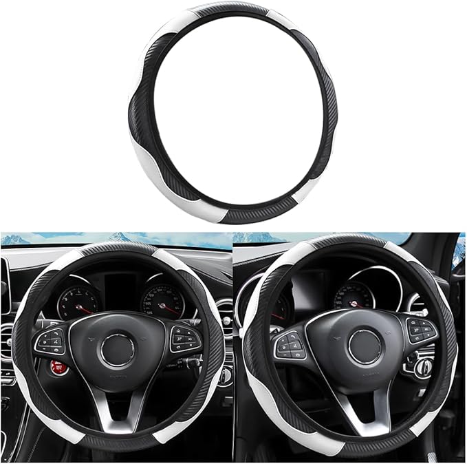 Car Steering Wheel Cover, 15 Inch Universal Microfiber PU Leather Steering Wheel Covers, Breathable Anti-Slip Steering Wheels Accessories for Men Women, Universal for All Seasons (Black/White)