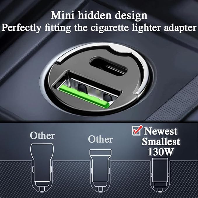 130W Mini Car Charger+3in1 USB Cable Fast Charging[QC100W+PD30W] Invisible Flush Fit Cigarette Lighter Adapter with Type C Cable,Dual Port for iPhone iPad Samsung MacBook Laptop Dashcam