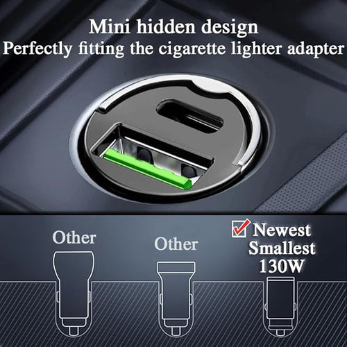 130W Mini Car Charger+3in1 USB Cable Fast Charging[QC100W+PD30W] Invisible Flush Fit Cigarette Lighter Adapter with Type C Cable,Dual Port for iPhone iPad Samsung MacBook Laptop Dashcam