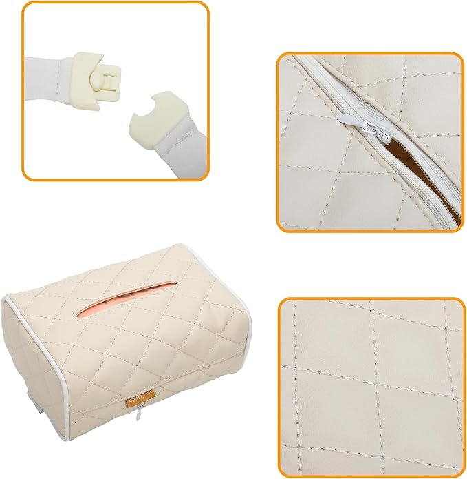 UNICOLD Tissue Boxes Holder Car Sun Visor or Vehicle Backseat Tissue Holder Car Napkin Holder for PU Leather Universal Car Paper Towel Holder Tissue Organizer Bag (Beige1)