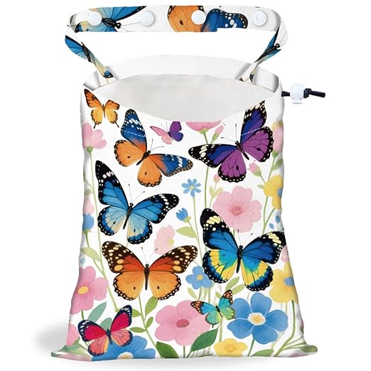 Butterflies Flowers Strap Drawstring Car Trash Bag Hanging Garbage Bag with Snap Buttons Car Back Seat Trash Storage Portable Dustbin Vehicle Trash Can Bag for Vehicle Travel Camping