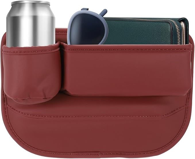 HARFINGTON Car Seat Gap Filler Organizer 11.8 x 8.3 x 2.2 Inch PU Universal Car Organizer Storage Box Between Seat and Console (Left) with Cup Holders for Phone Sunglasses Keys, Red