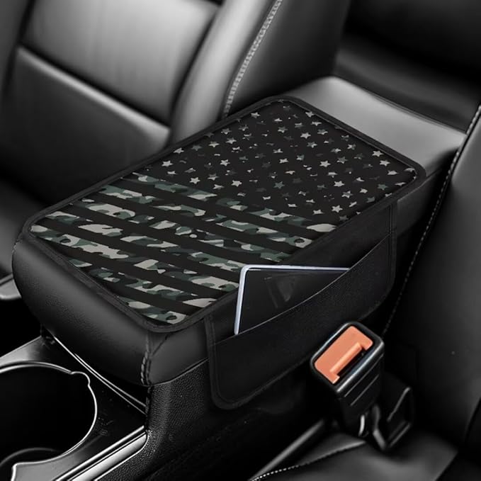 Boatee American Flag Auto Armrest Cover Car Center Console Cover Arm Rest Mat for Car Console Organizer Comfortable Center Console Cushion Pad Vehicle Interior Protection Armrest Cover Protector Black