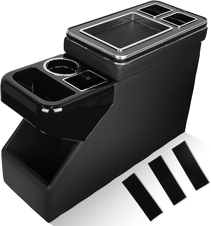 LORPHEIR Universal Center Console Organizer for VW T5 T6, Peugeot Traveller, Mercedes, Opel, Toyota - Between Seats Storage Box with Sliding Compartment, Cup Holders and Phone Slot, Black