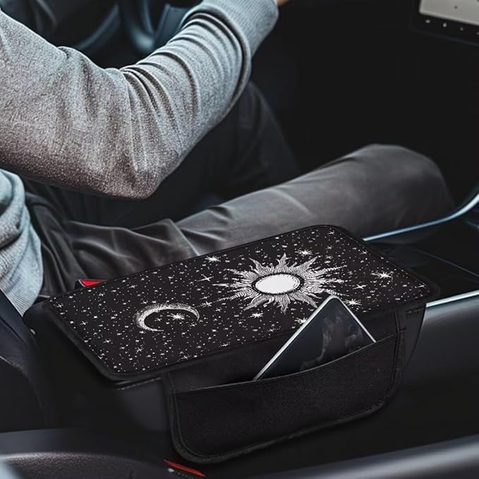 Boatee Sun Moon Armrest Cover for Auto Center Console Cover Arm Rest Mat for Car Console Organizer Armrest Storage Box Pad Universal Arm Rest Cushion Car Accessories Interior Set with Pockets Black