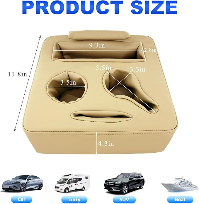 Kewucn Car Back Seat Organizer, Leather Sofa Cup Holder Tray, Waterproof Sofa Pillow to Store Drink Snack Phone, Universal Auto Holder for Car, RV, Bed (Beige)