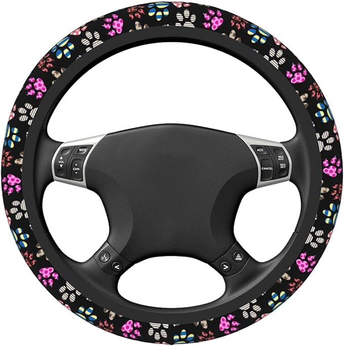 Dog Paw Print Steering Wheel Cover Anti-Slip,Sweat Absorption Universal 15 inch Steering Wheel Covers Cute car Accessories for Men Women
