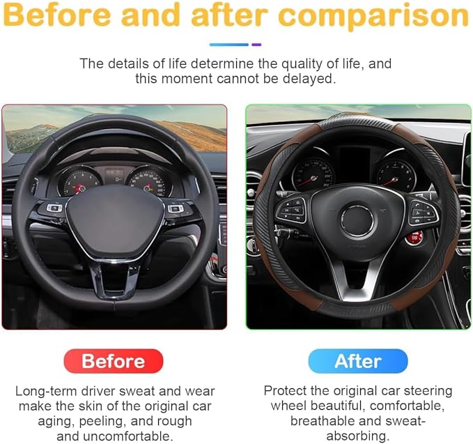 Car Steering Wheel Cover, 15 inch Carbon Fiber Microfiber PU Leather Elastic Steering Wheel Protector for Men Women, Anti-Slip Breathable Car Interior Accessories for Most Cars (Black/Coffee)
