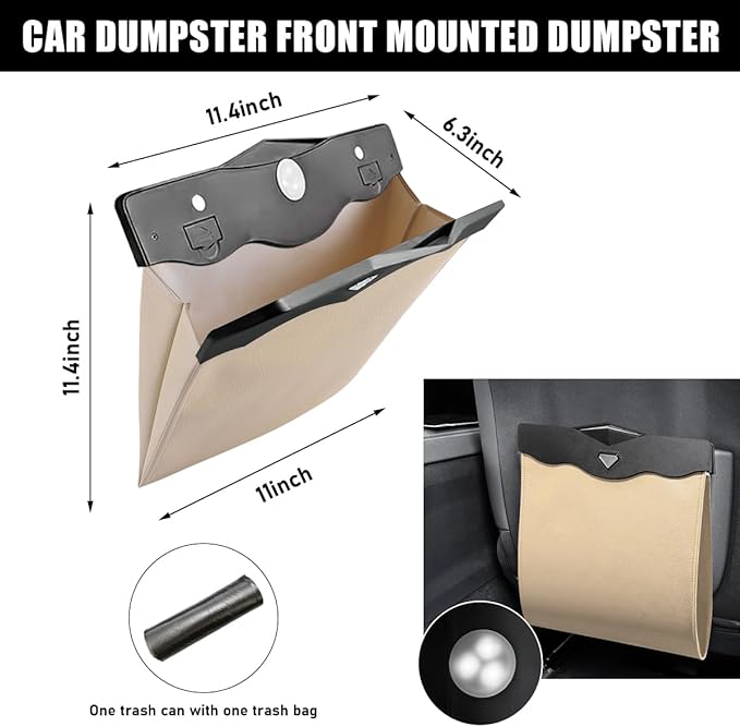 Hanging Car Trash Bag, Foldable Magnetic Garbage Can with Smart LED for Front Back Seat, Multi-Functional Waterproof Leather Rubbish Bag Storage Pocket, Car Accessories (Beige)