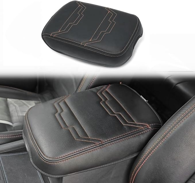 Muslogy for Frontier Center Console Pad Armrest Box Cover Vegan Leather Soft Accessories Armrest Lid Protector Compatible with Nissan Frontier 2022-2025 2026(Regular Thick, V2 Orange Stitching)