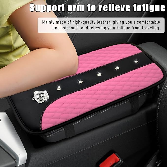 Bling Crown Car Center Console Mats, Anti-Slip and Waterproof Crystal Car Armrest Pad Protector, Universal Rustproof Armrest Decor Cushion for Cars & SUVs, Car Accessories (Pink)