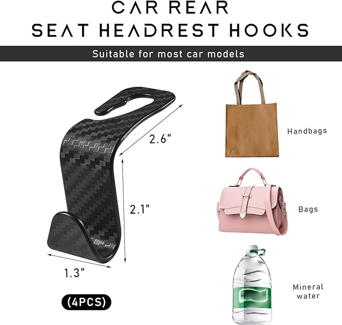 4 PCS Car Seat Headrest Hooks, Auto Seat Hook Hangers Storage Organizer, Back Seat Hanger for Car Handbag Clothes Coats Grocery Bags, Universal Interior Car Accessories (Carbon Fiber)