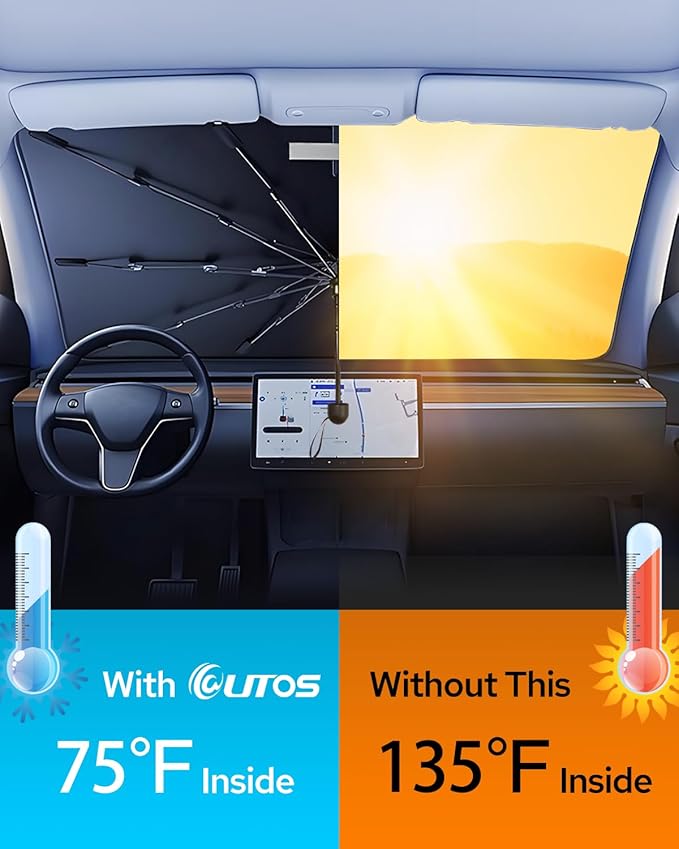 [2025 Upgrade] Retractable Windshield Sun Shade for Car, Umbrella Sunshade for Car Windshield Protect Vehicle from Sun Rays & Heat Damage Medium (57" x 33")