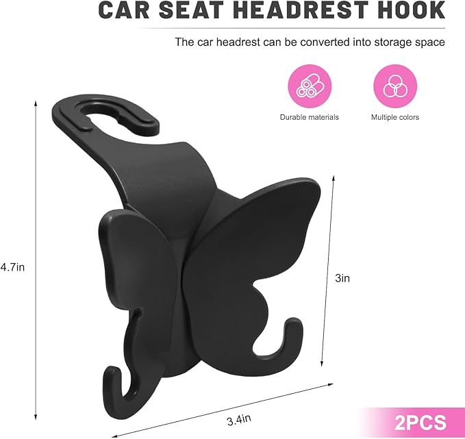 2 PCS Car Seat Headrest Hook, Butterfly Multipurpose Storage Hook Seat Back Purse Holder, Cute Butterfly Headrest Purse Hanger Interior Accessories for Car Truck SUV (Black)