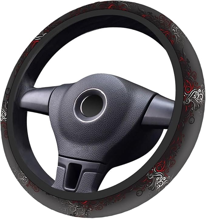 Swono Car Steering Wheel Covers Red Black Floral Beautiful Floral at The Border Creative Design Universal for Women Girls Soft Neoprene Anti-Slip Car Accessories for Most Sedan Van SUV