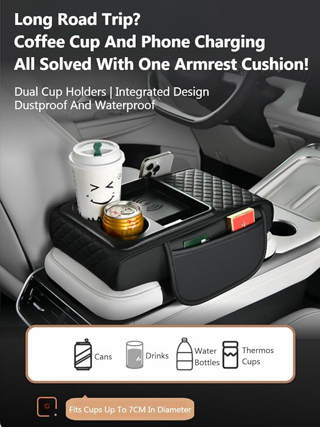 Car Armrest Pad with Built-in Induction Charging, Leather Center Console Cushion with 15W Power Pad, Dual Cup Holders, Storage Pockets - Coffee