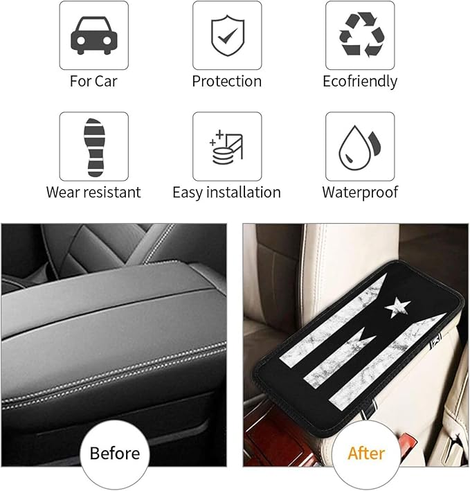 Puerto Rico Black & White Protest Flag Car Armrest Cover Protector Auto Center Console Cover Car Center Console Cushion Pad Waterproof Car Armrest Seat Box Cover Fit for Car Truck Rv SUV