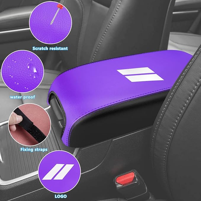 INTGET Center Console Cover for Dodge Charger Accessories 2011-2020 2021 2022 2023 for Chrysler 300 2015-2022 Leather Armrest Cover Console Lid Protector Cushion Pad(Black with Purple, Leather)