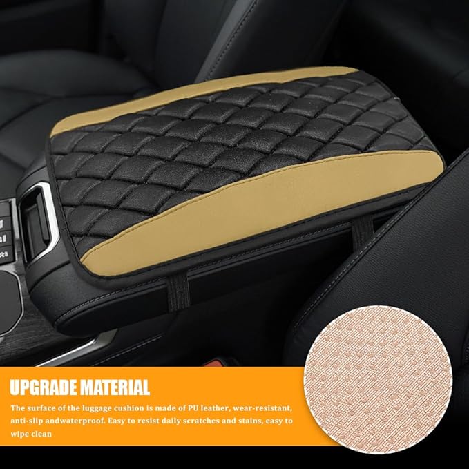 Car Center Console Cover, Leather Waterproof Armrest Seat Box Cushion Pad, Universal Decor Protector Mat, Comfortable Car Decor Accessories Fit for Most Cars, Vehicles, SUVs (Beige)