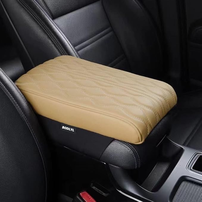 BODLYL Car Center Console Cover, Memory Foam Car Armrest Cushion, Beige Auto Arm Rest Pad, Leather Arm Rest Covering Car, Hand Rest Pillow for SUV/Truck/Vehicle (Beige)