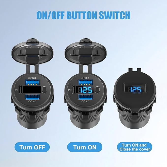 12V USB Dual Port Quick Charge 3.0 and PD3.0 USB-C Car Charger Socket 12V Power Outlet Cigarette Lighter Replacement DIY Kit with Voltage Meter and Switch for Car, Boat, Motorcycle