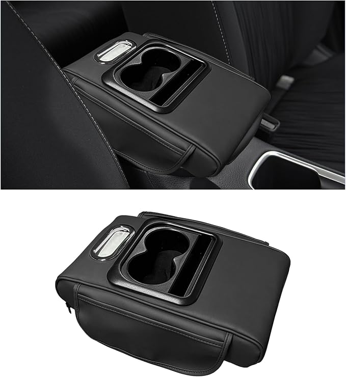 Car Center Console Armrest Pillow, Leather Arm Rest Cover Pad with 2 Storage Pockets Cup Holder & Phone Slot, Soft Middle Console Cushion Protector for Most Vehicles (Black, Normal)