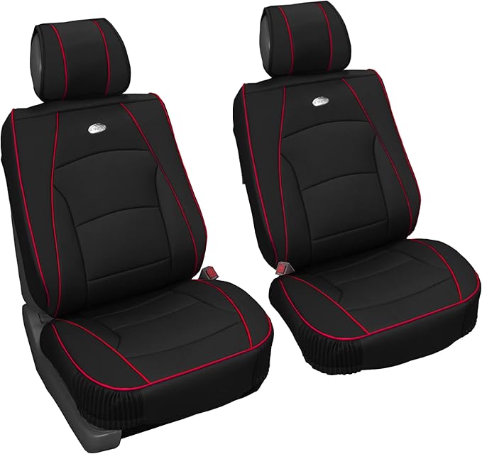 FH Group Front Set Faux Leather Car Seat Cushions - 2 Pack Seat Covers for Cars Trucks, SUV, Waterproof Car Seat Cover, Universal Fit, Black Red Trim