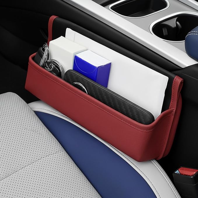 Car Seat Gap Filler Organizer, Leather Universal Gap Bag Car Storage Box for Phones, Keys, Glasses & Cards, Adjustable Front Seat Side Pocket Organizer for Cars, No Seat Belt Block (Burgundy)