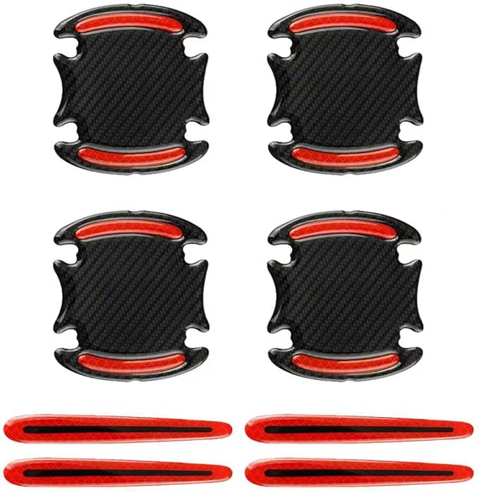 8PCS Car Door Handle Scratch Protectors, 3D Carbon Fiber Door Handle Bowl Cover Guards for Vehicles, Reflective Automotive Doors Handles Cup Accessories Paint Protective Film Sticker (Red)