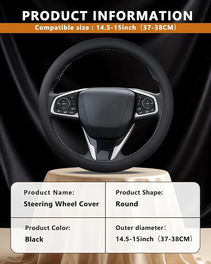 Leather Steering Wheel Cover for Honda Civic, 14.5-15 Inch Breathable Car Steering Wheel Protector, Premium Automotive Interior Accessories Compatible with Honda All Model (Black)
