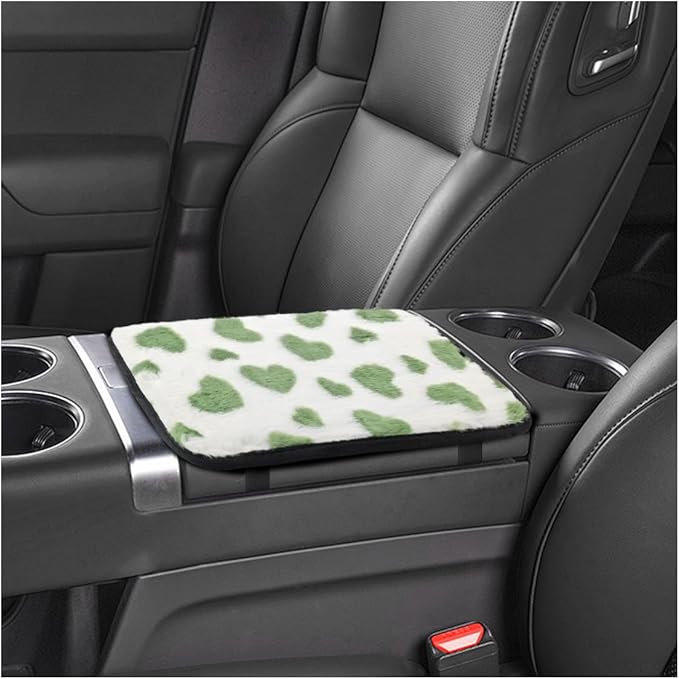 Furry Cow Print Armrest Cover for Car, Soft Plush Center Console Cushion Pad, Car Arm Rest Box Protector for Women Men, Universal Auto Decorative Accessories for Cars Trucks SUVs (Green)
