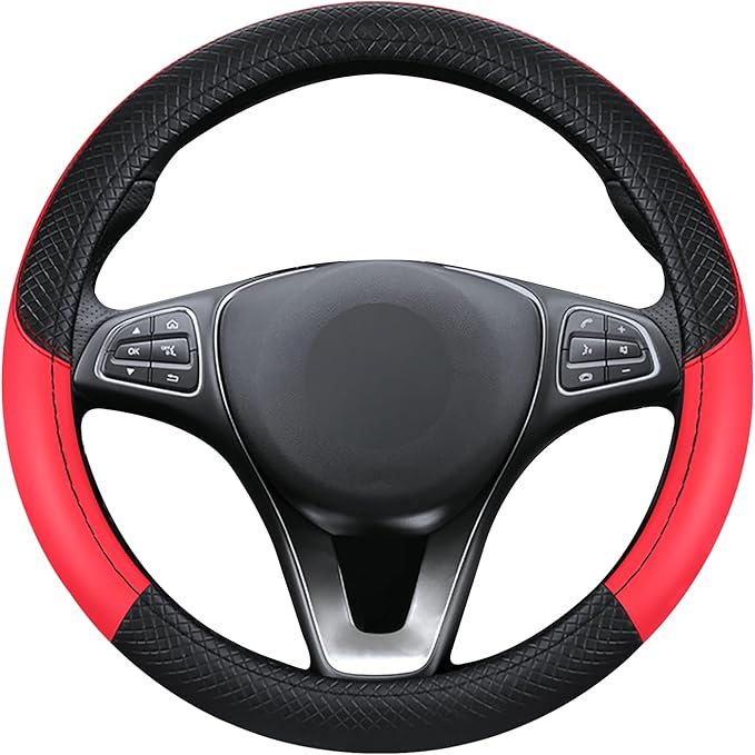 Black & Red Car Steering Wheel Cover, Microfiber, Leather Patchwork, Universal 14.5-15 Inch Leather Anti-Slip Breathable Auto Steering Wheel Covers for Men Women
