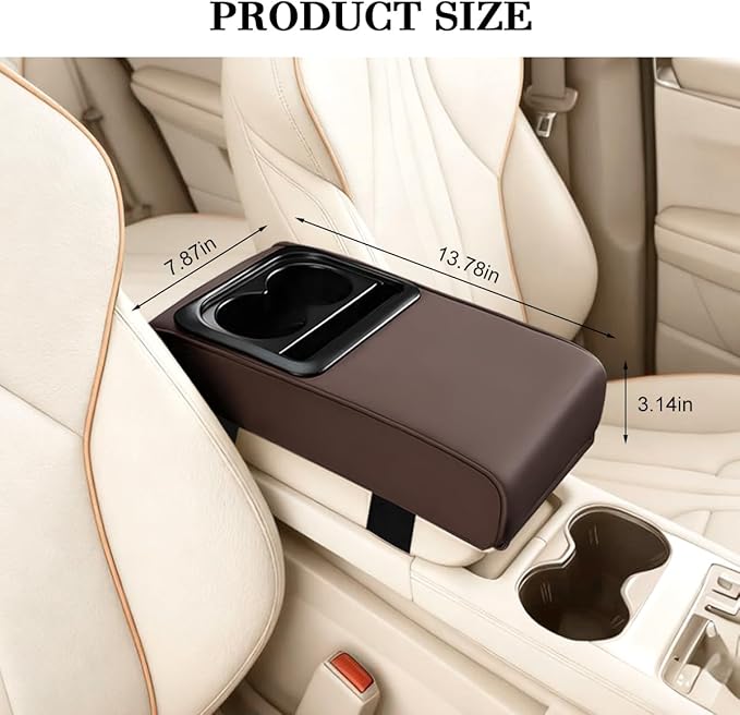 Car Center Console Armrest Pillow, Leather Vehicle Middle Console Protection Cushion with Cup & Phone Holder, Waterproof Automotive Arm Rest Box Cover Accessories, Universal Fit (Coffee)